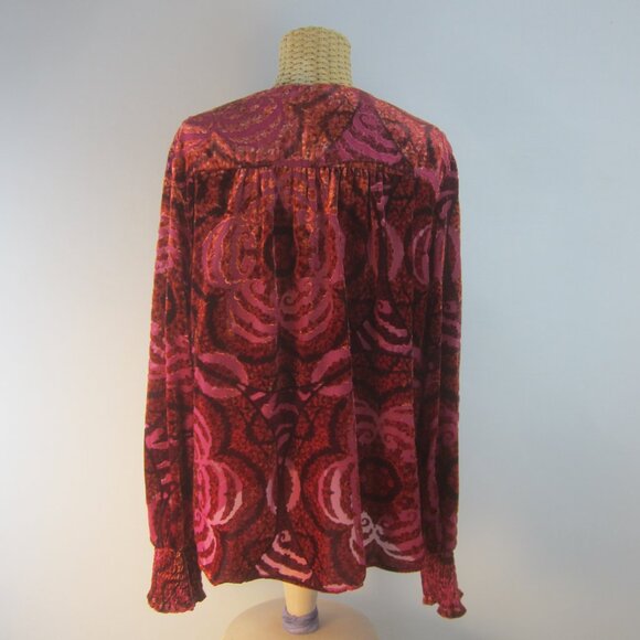 Anthropologie Women Large Red Pink Velvet Faux Wrap Full Sleeve Gathered Shirt - Picture 2 of 13